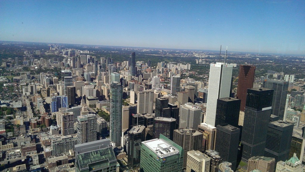 The view of Toronto from the top of the CN Tower.